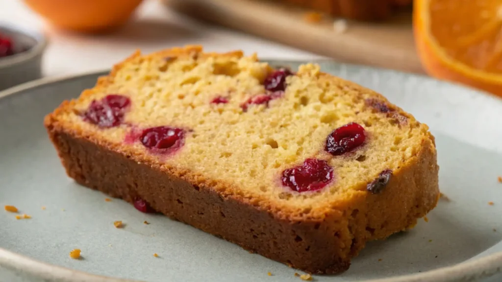 Single slice of orange cranberry bread on a ceramic plate, showing a moist golden crumb with whole cranberries and citrus flecks.