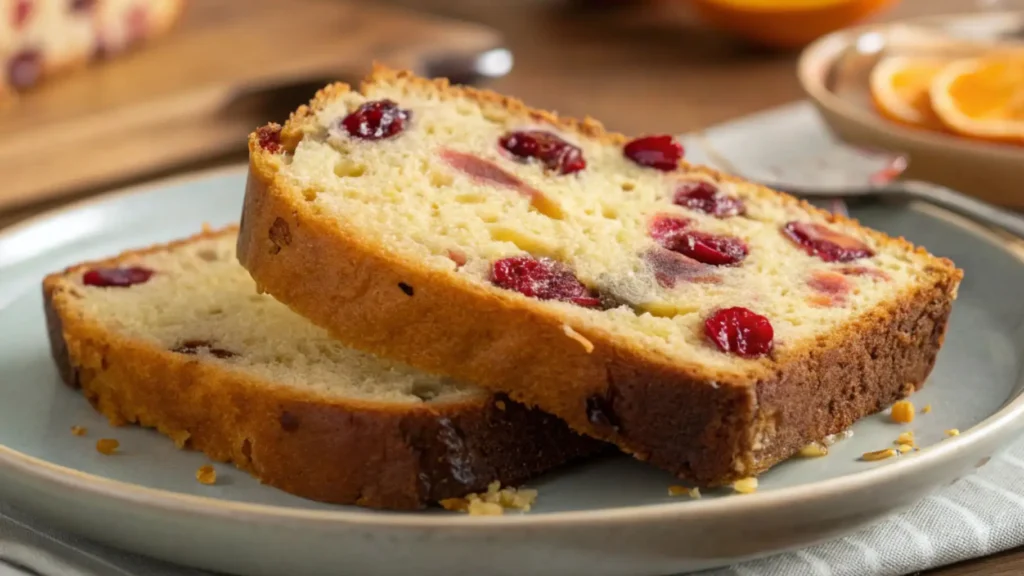 Two slices of orange cranberry bread stacked on a ceramic plate, showing a moist golden crumb with visible cranberries and citrus flecks.