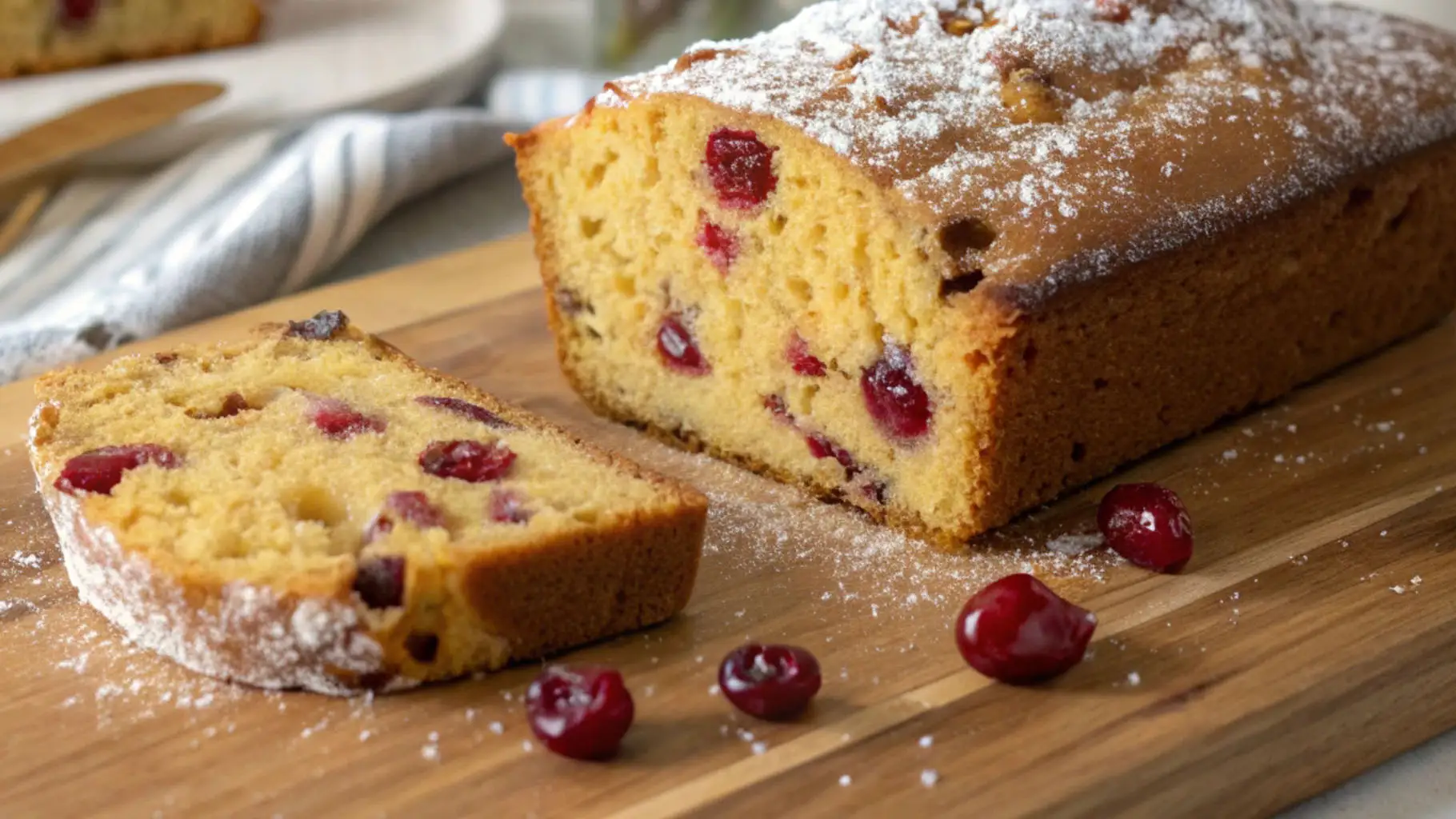 Sliced orange cranberry bread loaf dusted with powdered sugar on a wooden cutting board, showing a moist crumb with visible cranberries.