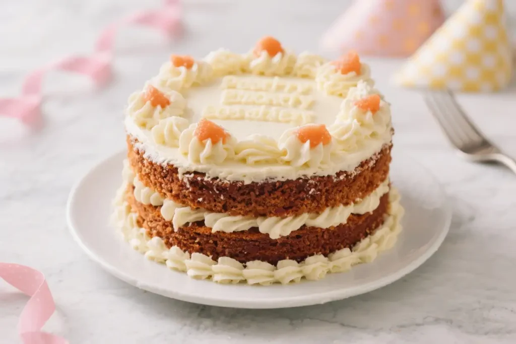 Vanilla layer party cake with creamy buttercream frosting, piped borders, and small decorative toppings, served on a white plate with festive party decor in the background.