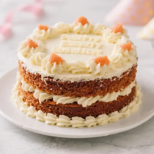 Vanilla layer party cake with creamy buttercream frosting, piped borders, and small decorative toppings, served on a white plate with festive party decor in the background.