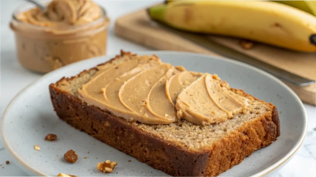 Peanut butter banana bread slice spread with creamy peanut butter on a plate