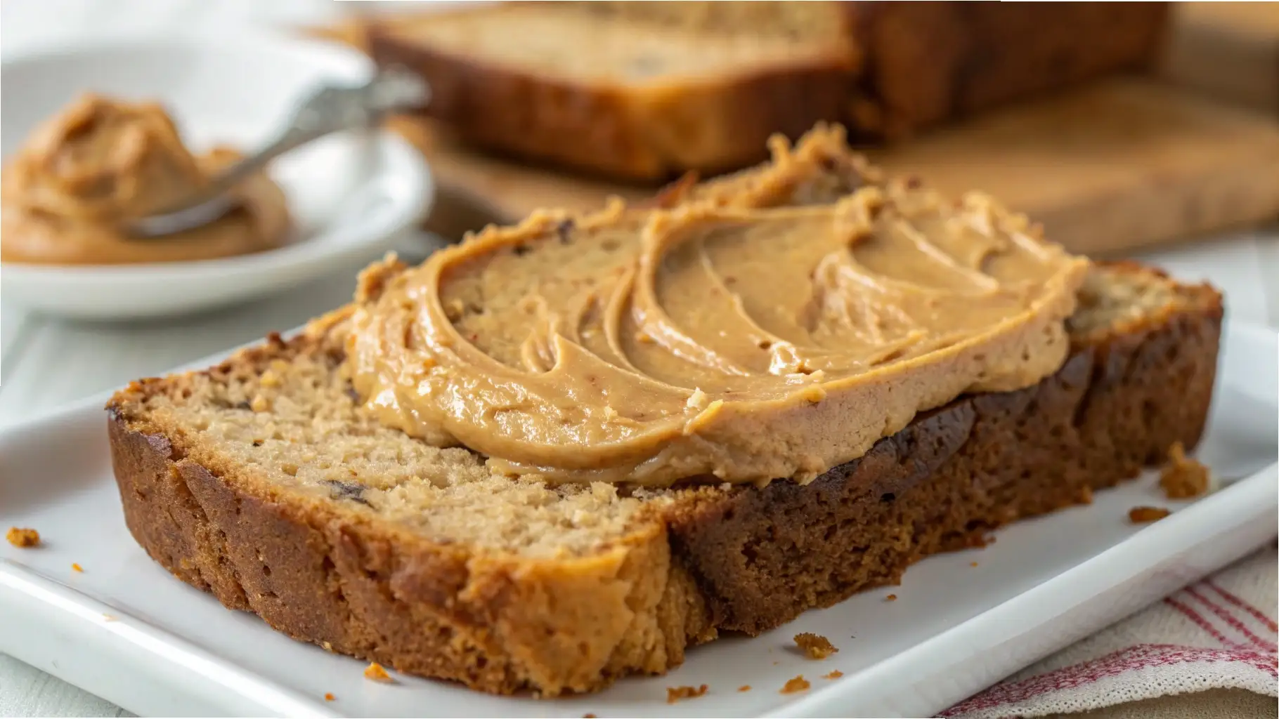 Slice of peanut butter banana bread topped with creamy peanut butter