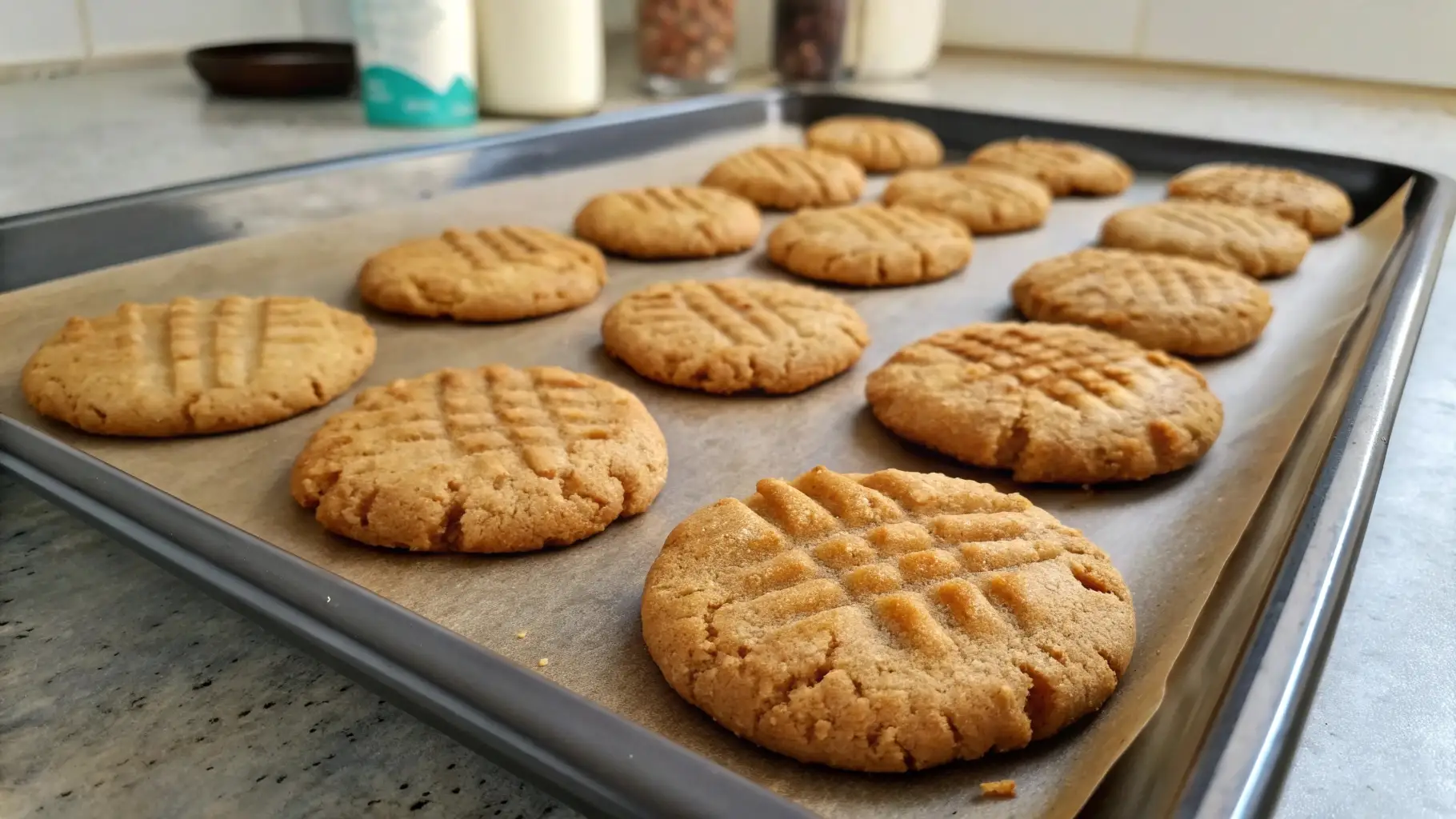 Freshly baked peanut butter cookies with classic fork-crisscross pattern cooling on a lined baking tray.