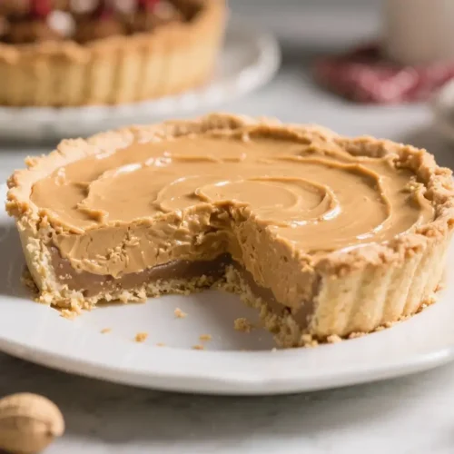 Creamy peanut butter pie with a smooth filling and crumbly crust, sliced on a white plate with whole peanuts on the side.