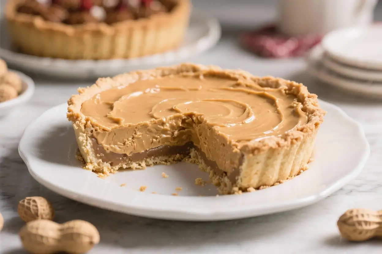 Creamy peanut butter pie with a smooth filling and crumbly crust, sliced on a white plate with whole peanuts on the side.