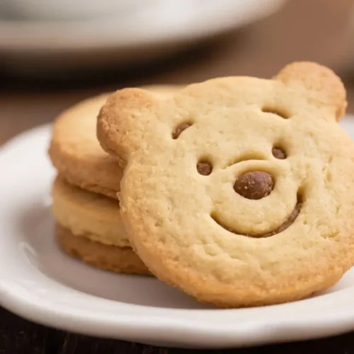 Bear-shaped butter cookies with a smiling face stacked on a white plate.