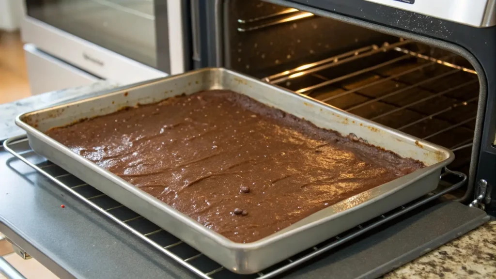 Chocolate cake batter spread evenly in a rimmed sheet pan placed on an oven rack, ready to bake.