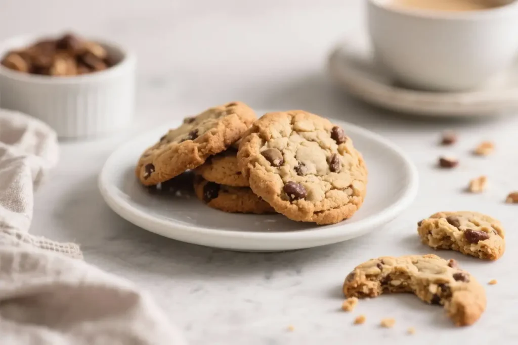 Soft and chewy protein cookies with chocolate chips on a white plate