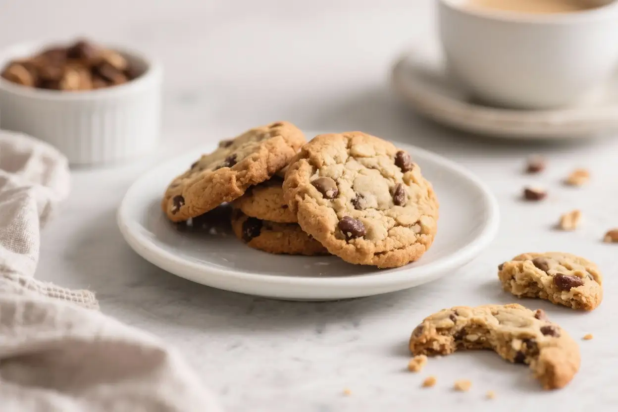 Soft and chewy protein cookies with chocolate chips on a white plate