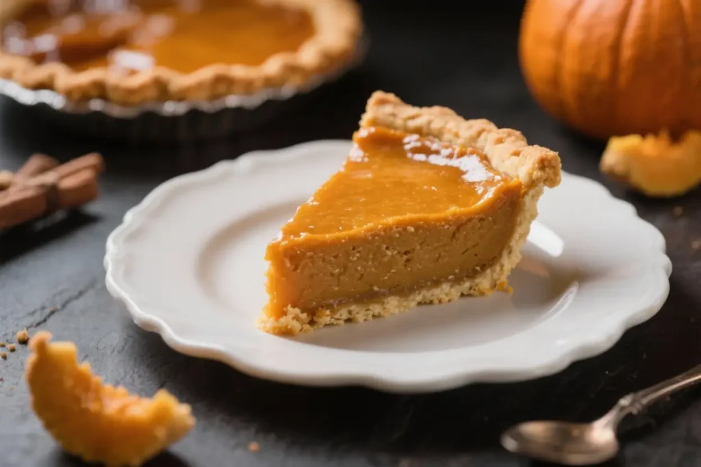 Slice of homemade pumpkin pie with smooth spiced filling and flaky crust served on a white plate.