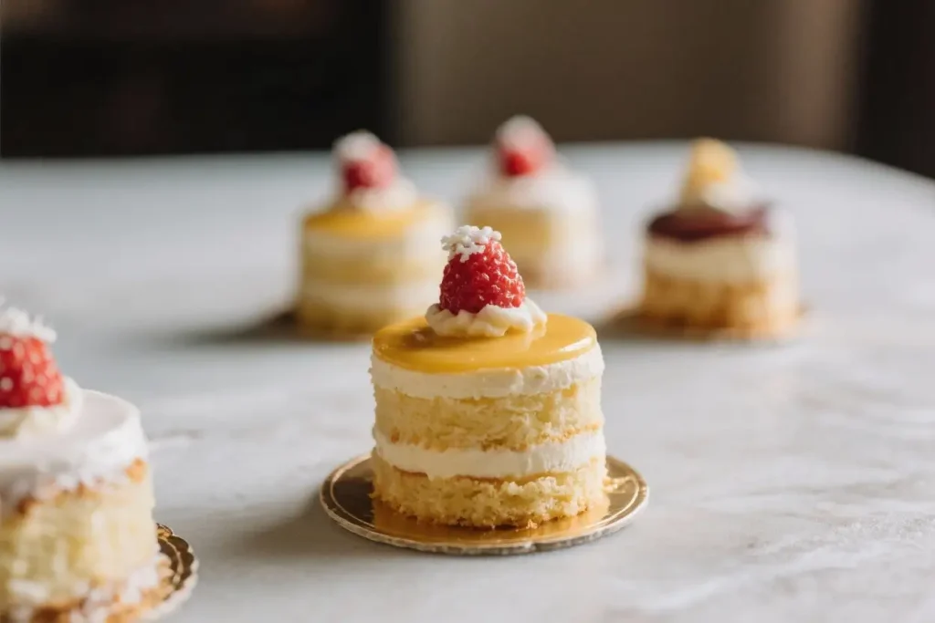 Mini layered vanilla cake topped with smooth yellow glaze and a fresh raspberry, displayed on a marble surface with softly blurred cakes in the background.