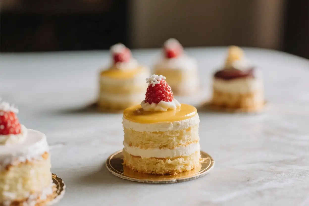 Mini layered vanilla cake topped with smooth yellow glaze and a fresh raspberry, displayed on a marble surface with softly blurred cakes in the background.