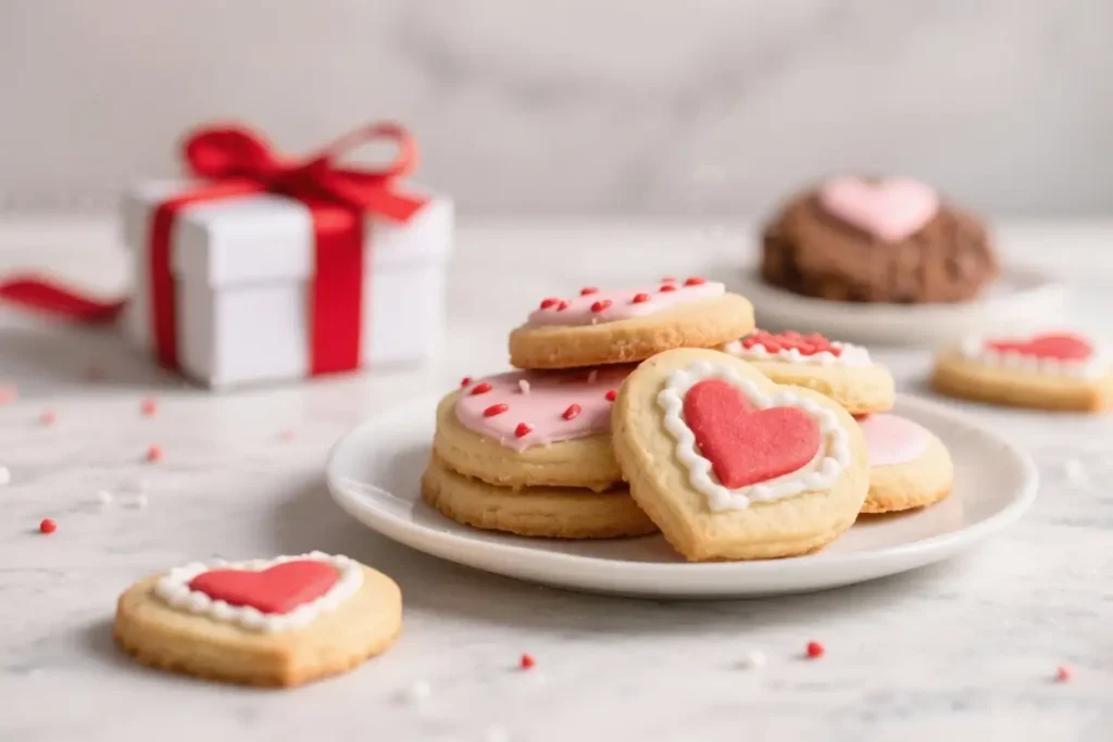 Heart-shaped Valentine’s Day sugar cookies decorated with pink icing and red hearts, arranged on a white plate with a gift box in the background.