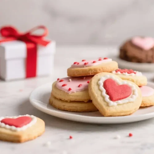 Heart-shaped Valentine’s Day sugar cookies decorated with pink icing and red hearts, arranged on a white plate with a gift box in the background.