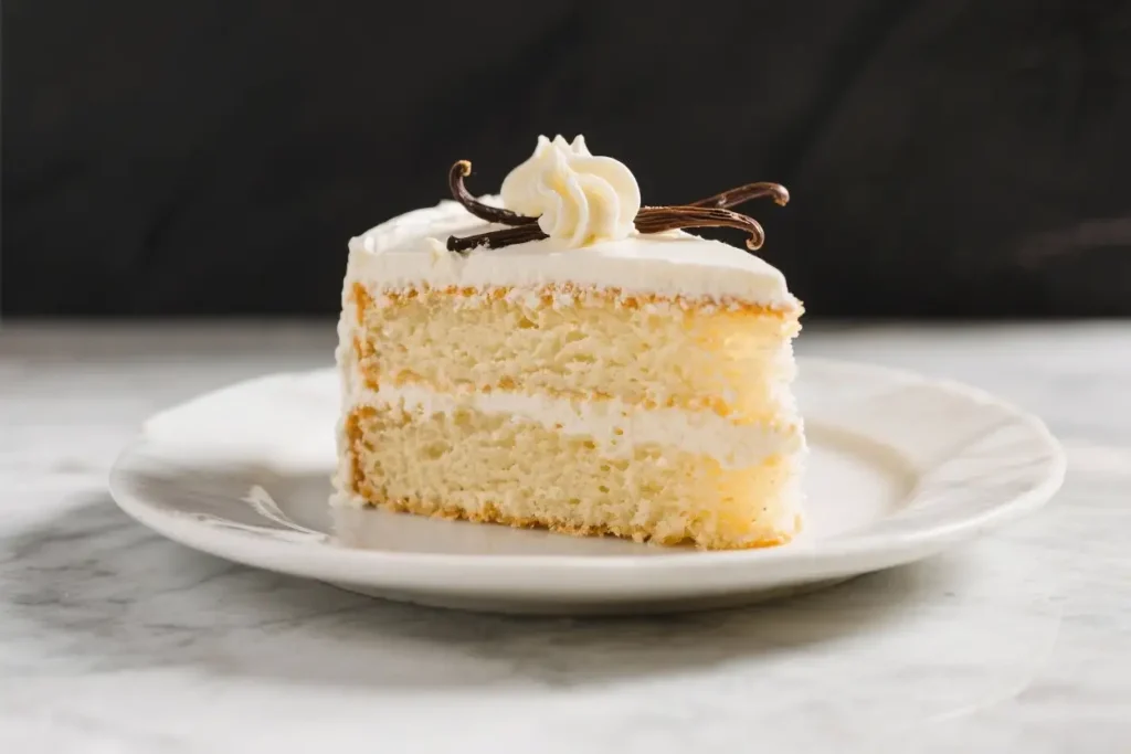 Slice of vanilla layer cake with creamy frosting, topped with whipped cream and vanilla bean on a white plate.