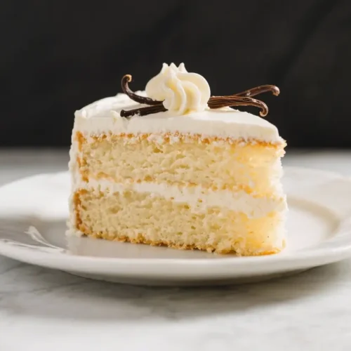 Slice of vanilla layer cake with creamy frosting, topped with whipped cream and vanilla bean on a white plate.