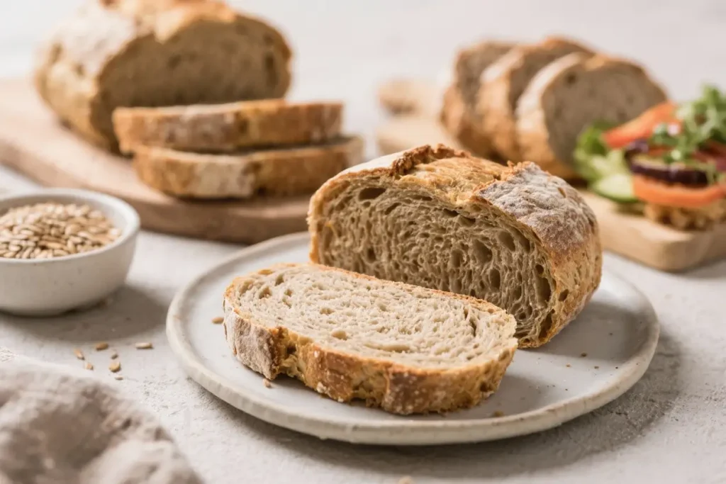Sliced homemade whole wheat bread with a rustic crust and soft crumb displayed on a white plate.