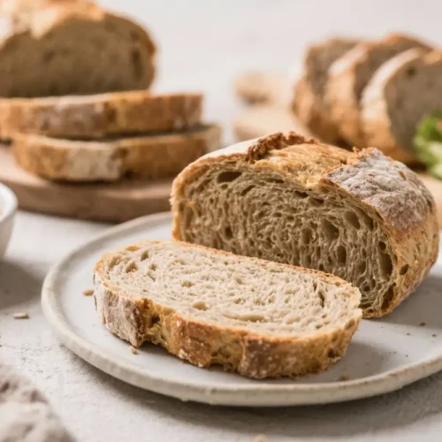 Sliced homemade whole wheat bread with a rustic crust and soft crumb displayed on a white plate.
