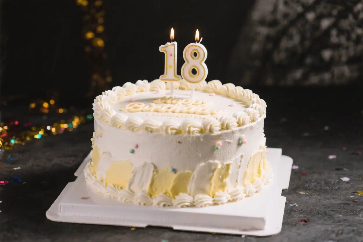 White frosted 18th birthday cake decorated with candles shaped like number 18 and colorful sprinkles on top for a celebration.