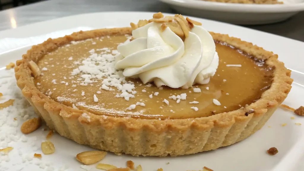5 ingredient no bake pie with graham cracker crust topped with whipped cream and coconut flakes on a white plate