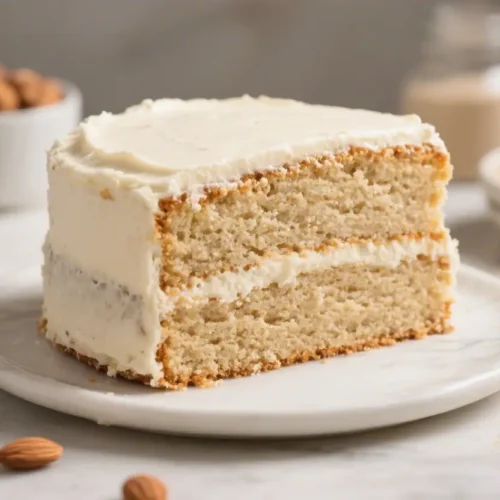 Easy Almond Flour Keto Cake (Sugar Free & Gluten Free) - Simple, Tender, and Delicious 2 Slice of almond flour keto cake with cream cheese frosting on a white plate, soft layered texture, low carb gluten free dessert with whole almonds in the background.