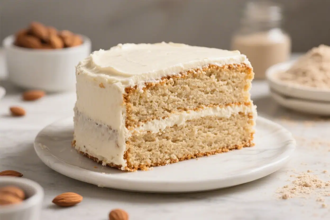 Easy Almond Flour Keto Cake (Sugar Free & Gluten Free) - Simple, Tender, and Delicious 1 Slice of almond flour keto cake with cream cheese frosting on a white plate, soft layered texture, low carb gluten free dessert with whole almonds in the background.
