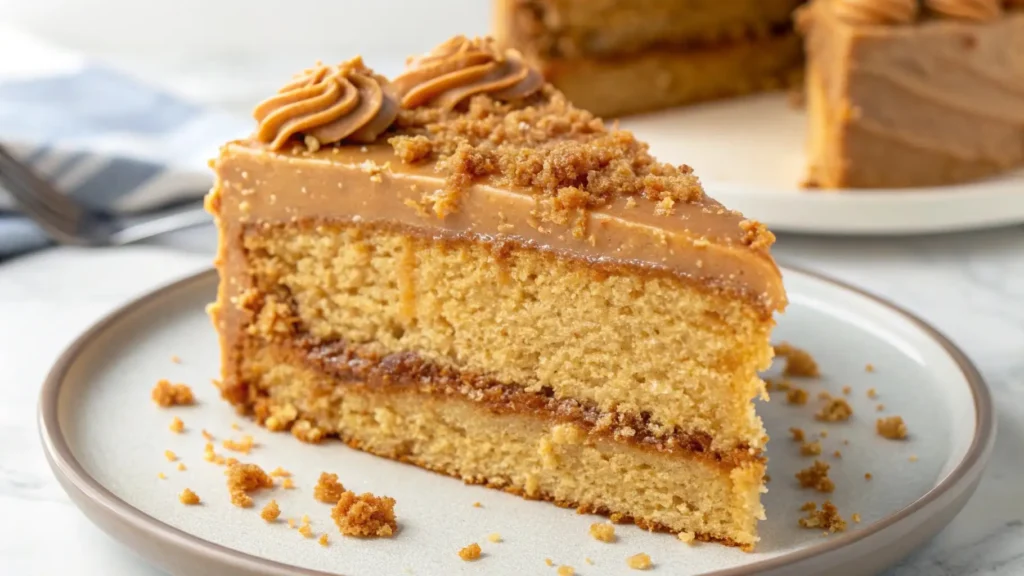 Slice of Biscoff cookie butter cake with creamy frosting and cookie crumbs on a plate, showing soft layered texture.