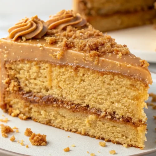 Easy Biscoff Cookie Butter Cake Recipe - Soft, Buttery, and Packed With Spice 2 Slice of Biscoff cookie butter cake with creamy frosting and cookie crumbs on a plate, showing soft layered texture.