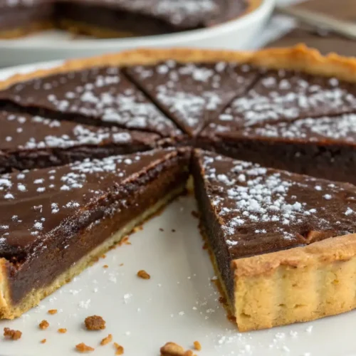 Rich Chocolate Brownie Pie Homemade Bakery Style Treat - Gooey, Fudgy, and Comforting 2 Fudgy brownie pie baked in a buttery crust, sliced into wedges and dusted with powdered sugar on a serving plate