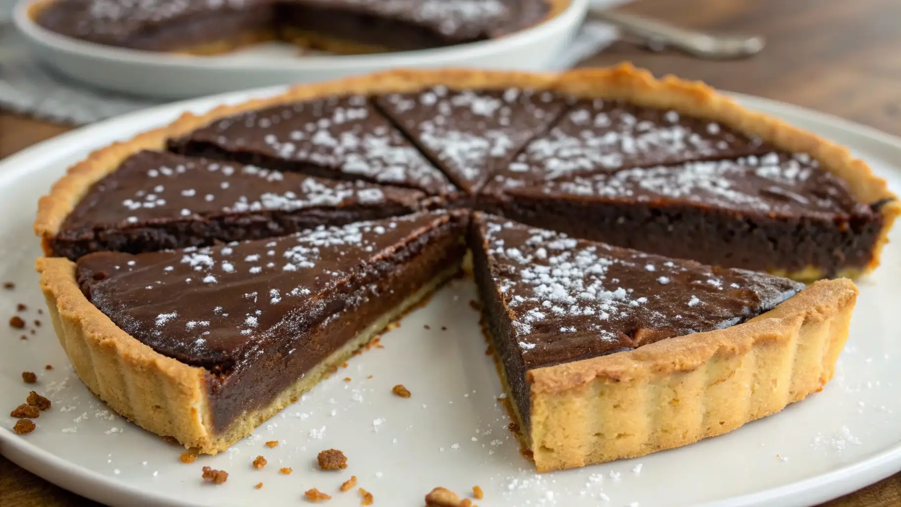 Rich Chocolate Brownie Pie Homemade Bakery Style Treat - Gooey, Fudgy, and Comforting 1 Fudgy brownie pie baked in a buttery crust, sliced into wedges and dusted with powdered sugar on a serving plate