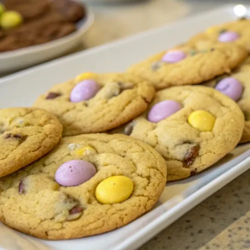 Soft and chewy Cadbury Mini Egg cookies with pastel chocolate eggs baked into golden chocolate chip cookie dough, arranged on a white serving platter.