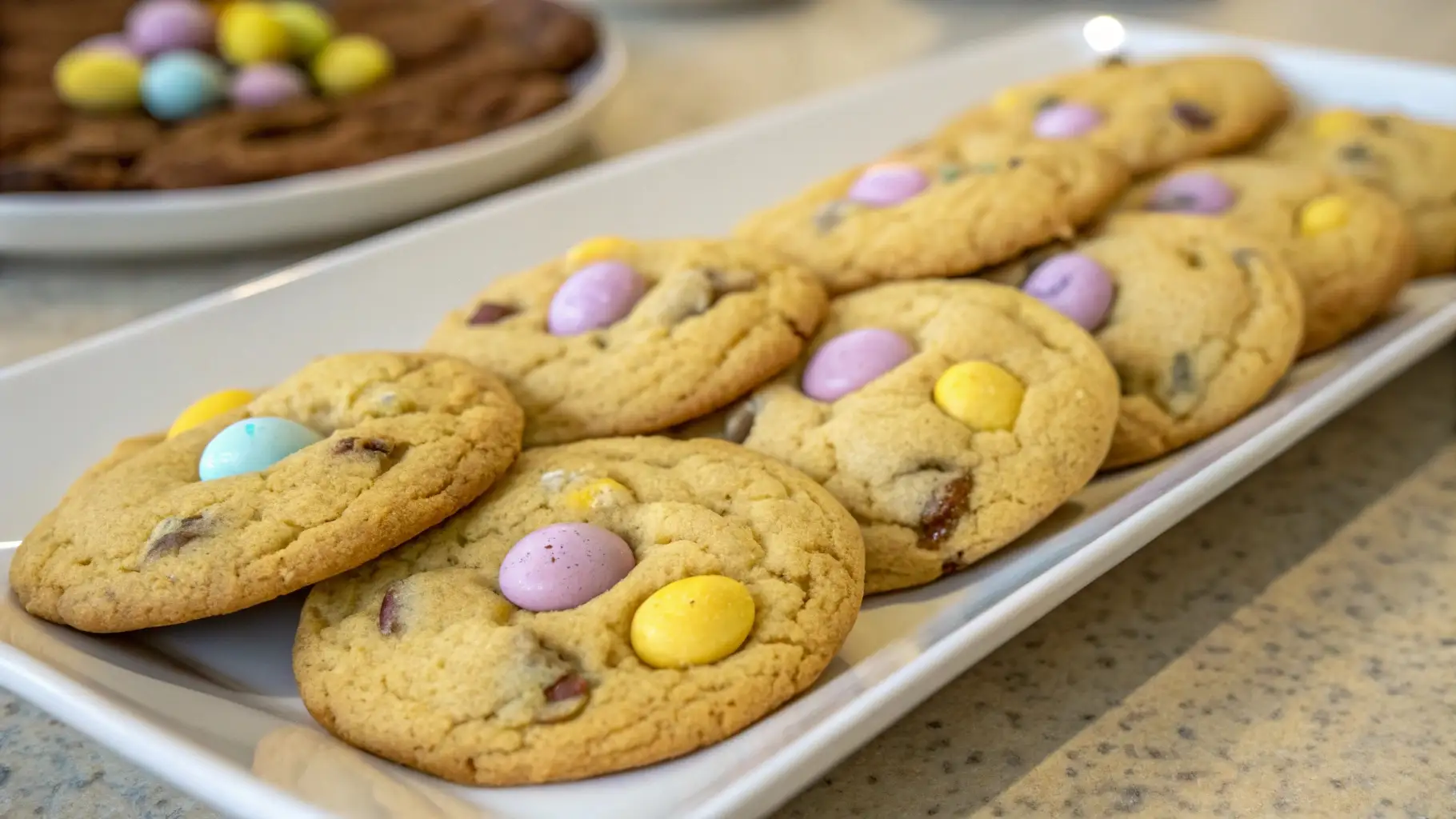 Soft and chewy Cadbury Mini Egg cookies with pastel chocolate eggs baked into golden chocolate chip cookie dough, arranged on a white serving platter.