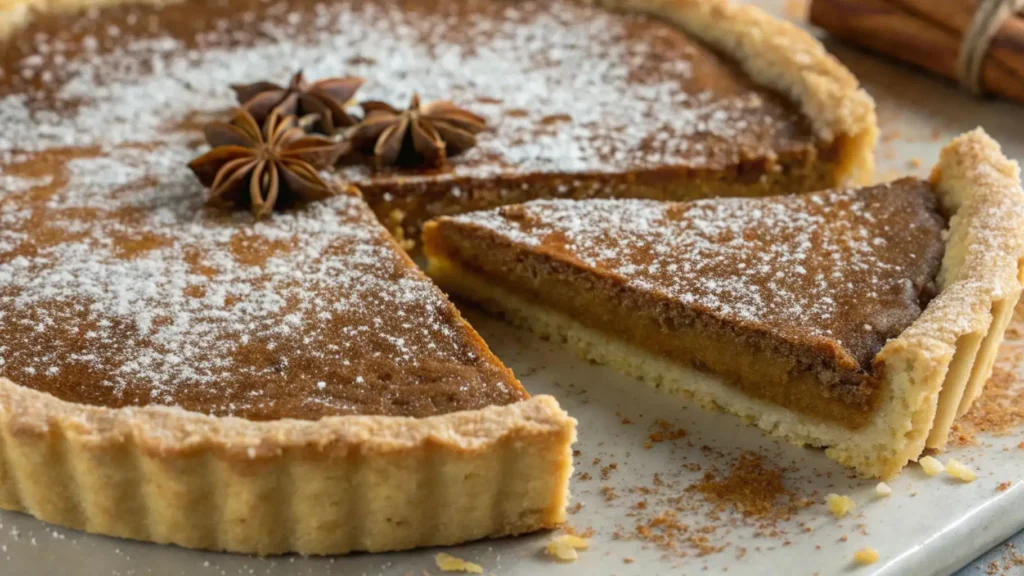 Slice of chai spice pie with flaky crust and warm cinnamon spice filling, dusted with powdered sugar and topped with star anise on a plate.