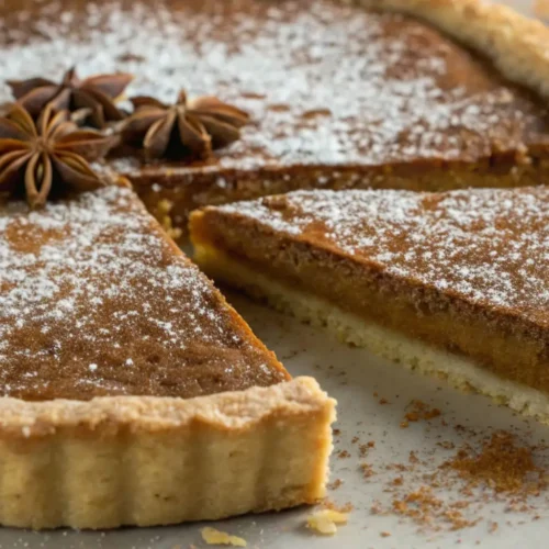 Slice of chai spice pie with flaky crust and warm cinnamon spice filling, dusted with powdered sugar and topped with star anise on a plate.