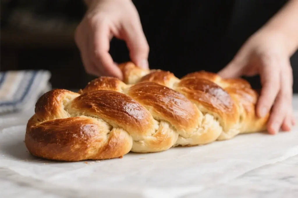 Freshly baked challah bread loaf being placed on parchment paper with golden braided crust