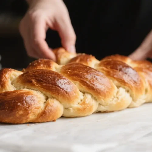 Homemade Challah Bread Easy Braided Bread Step by Step - Soft, Golden, and Surprisingly Simple 2 Freshly baked challah bread loaf being placed on parchment paper with golden braided crust
