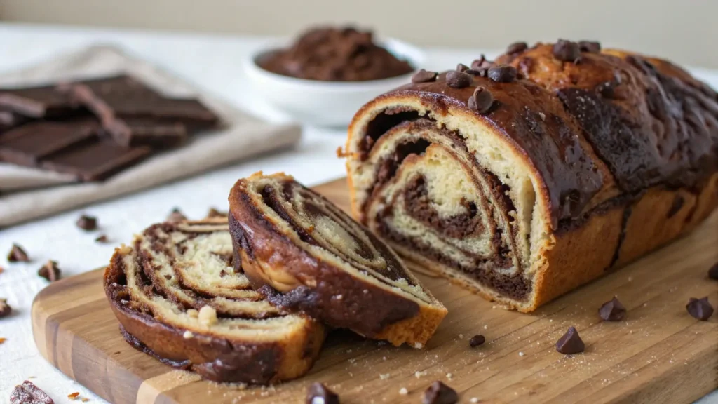 Soft and fluffy chocolate babka bread sliced on a wooden board showing rich chocolate swirls and chocolate chips on top