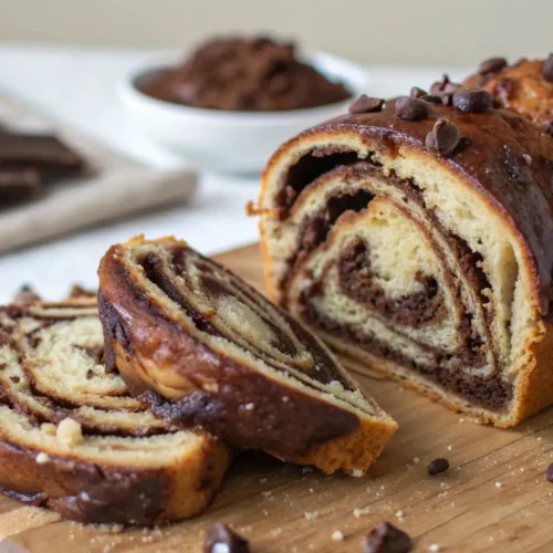 Soft and fluffy chocolate babka bread sliced on a wooden board showing rich chocolate swirls and chocolate chips on top