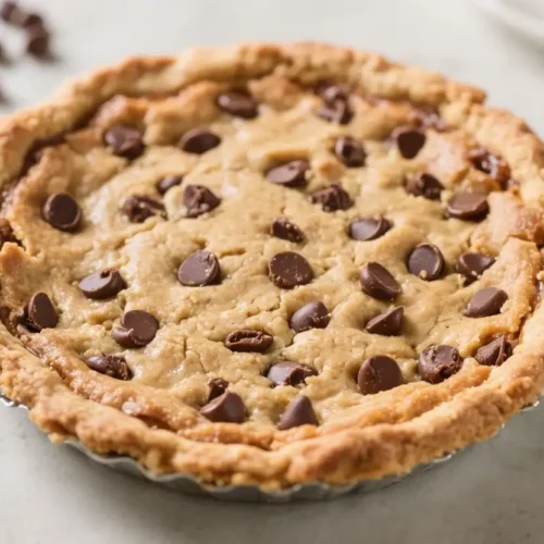 Best Chocolate Chip Cookie Pie Easy Homemade Dessert - Gooey, Comforting, and Crowd-Pleasing 2 Homemade chocolate chip cookie pie in a golden crust topped with melted chocolate chips, freshly baked in a tart pan on a kitchen counter.