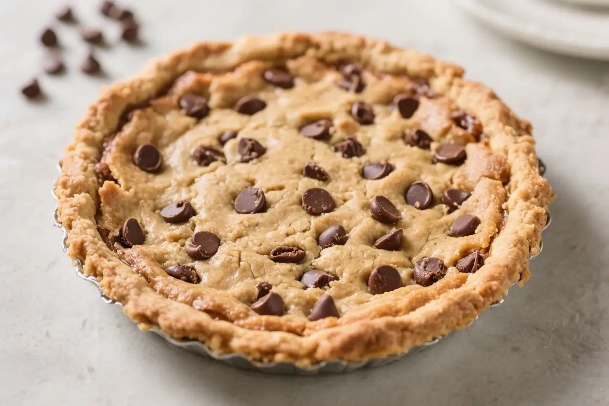 Best Chocolate Chip Cookie Pie Easy Homemade Dessert - Gooey, Comforting, and Crowd-Pleasing 1 Homemade chocolate chip cookie pie in a golden crust topped with melted chocolate chips, freshly baked in a tart pan on a kitchen counter.