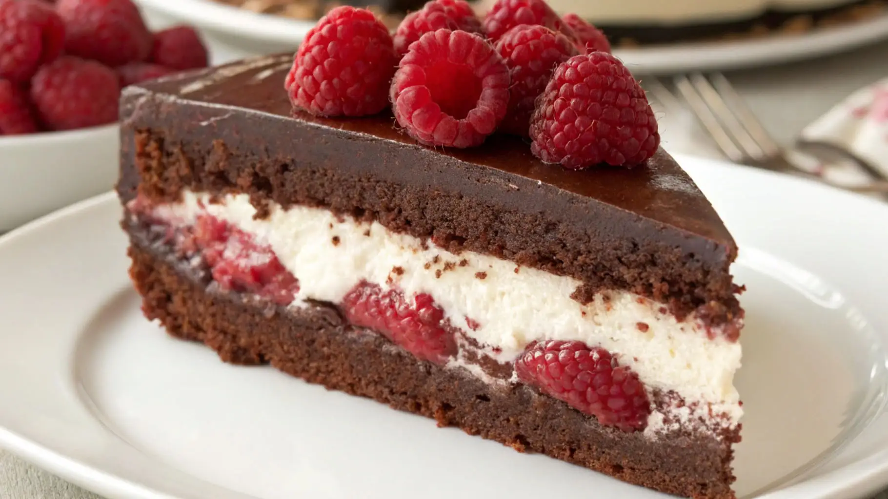 Slice of chocolate raspberry cake with creamy filling and fresh raspberries, topped with chocolate ganache on a white plate.