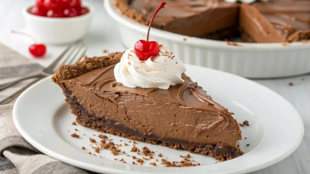 Slice of chocolate silk pie with creamy chocolate filling on a plate topped with whipped cream and a cherry, with the remaining pie in the background.