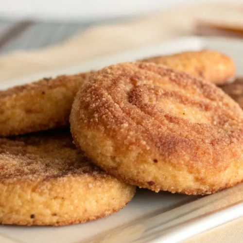 Churro snickerdoodle cookies coated in cinnamon sugar with golden edges and soft centers, stacked on a white plate.