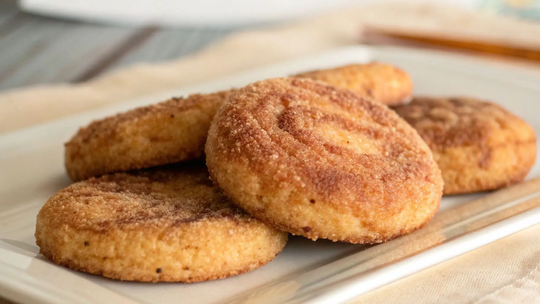 Churro snickerdoodle cookies coated in cinnamon sugar with golden edges and soft centers, stacked on a white plate.