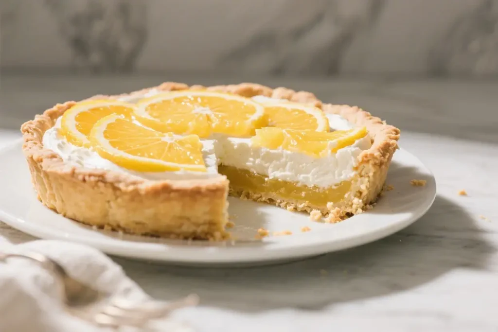 Citrus mascarpone pie with creamy lemon filling and fresh lemon slices in a buttery crust on a white plate.