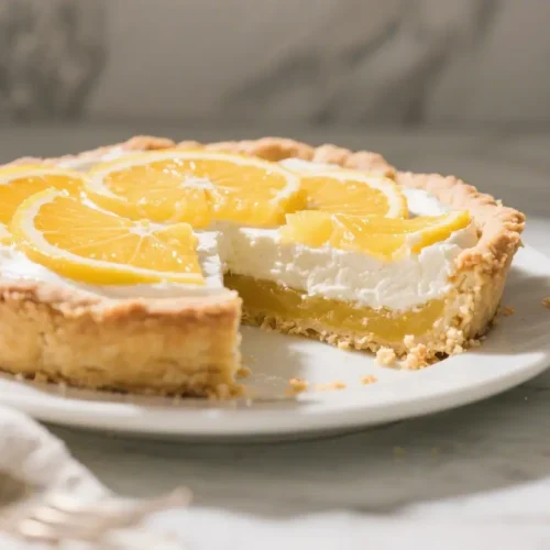 Citrus mascarpone pie with creamy lemon filling and fresh lemon slices in a buttery crust on a white plate.