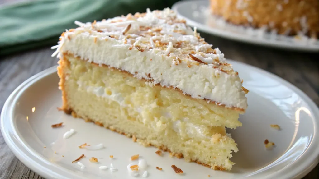 Slice of moist coconut cake layered with creamy frosting and topped with toasted coconut flakes on a white plate.
