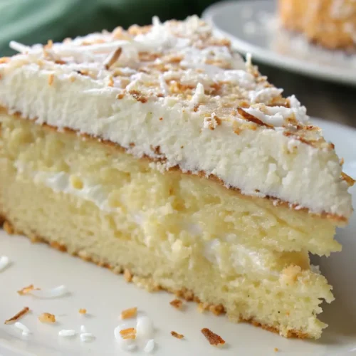 Slice of moist coconut cake layered with creamy frosting and topped with toasted coconut flakes on a white plate.
