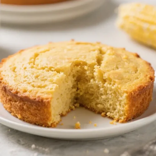 Golden cornbread round cut into slices on a white plate with corn on the cob in the background